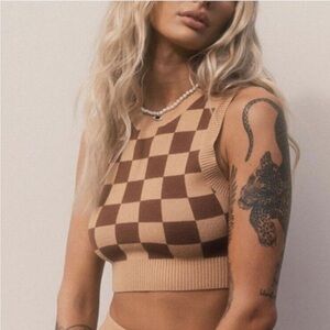 PRINCESS POLLY checkered neutral cropped sweater vest brown and tan